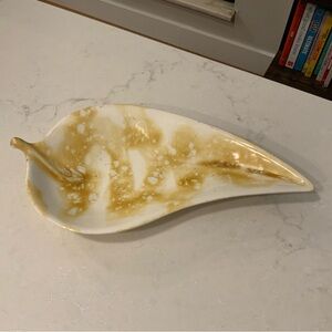 Leaf-Shaped Gold and White Ceramic Dish